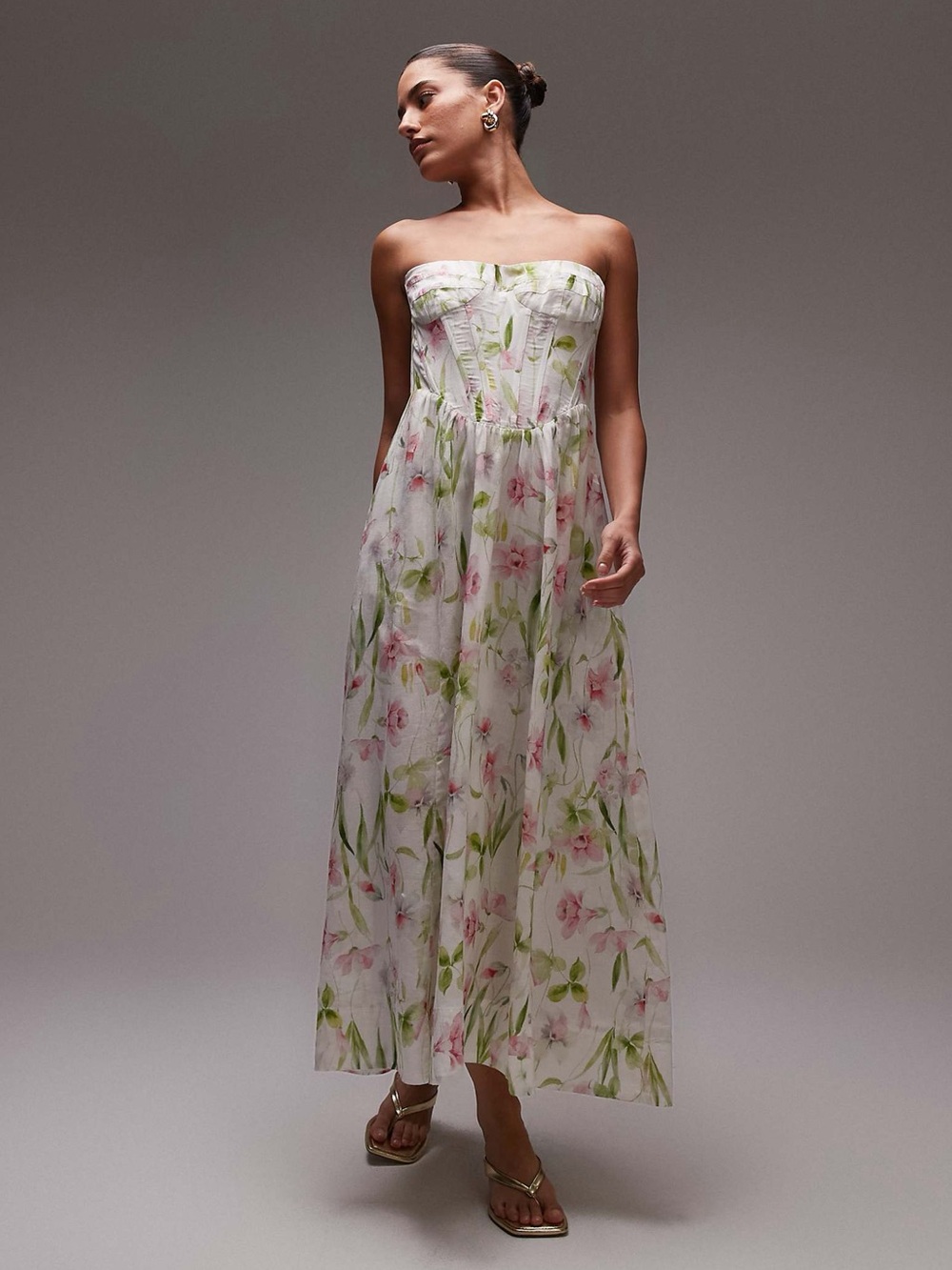 Bardot corset midi dress in summer white floral